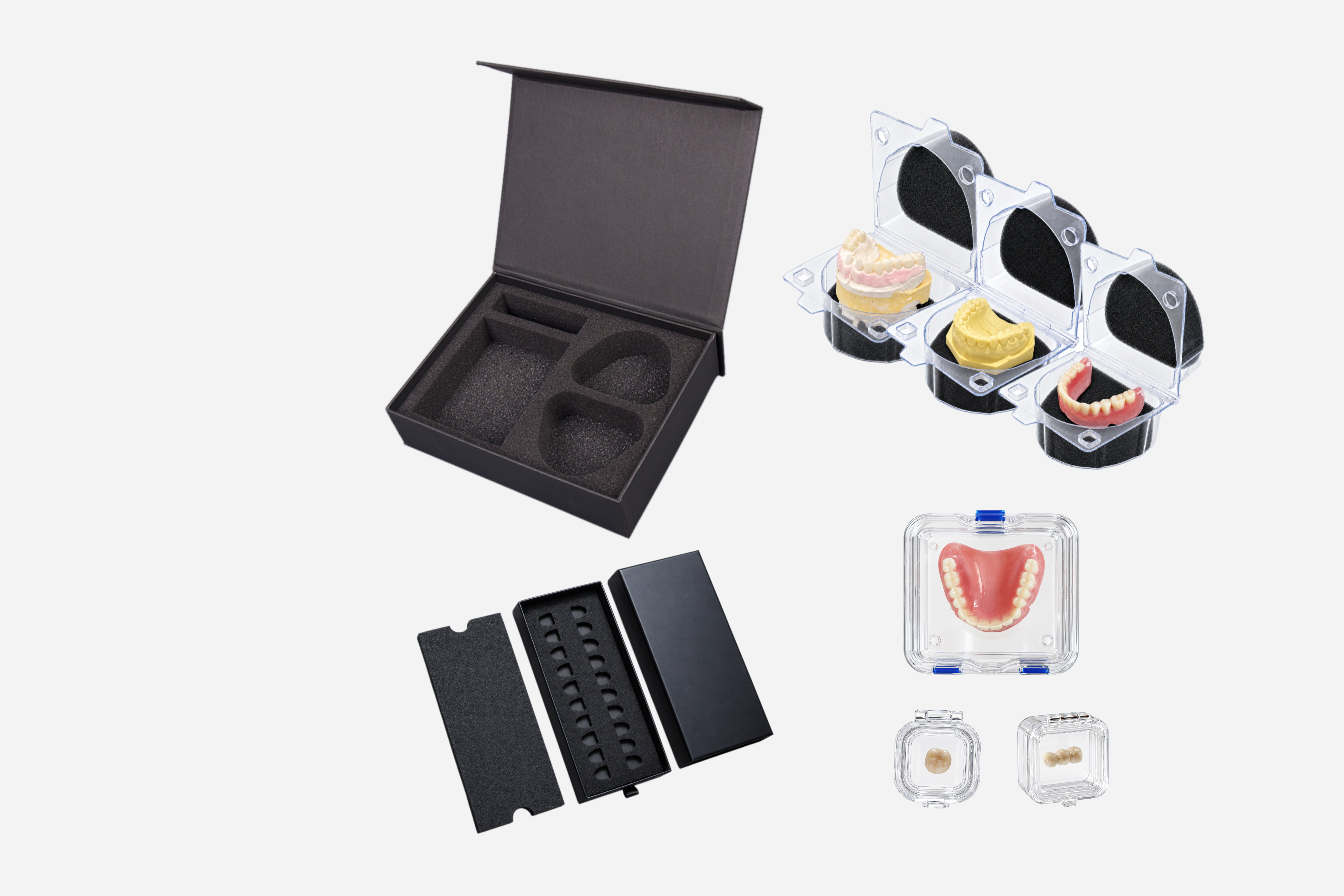 Custom rigid boxes with precision-cut foam inserts alongside protective boxes for dental models, dentures, crowns, and bridges