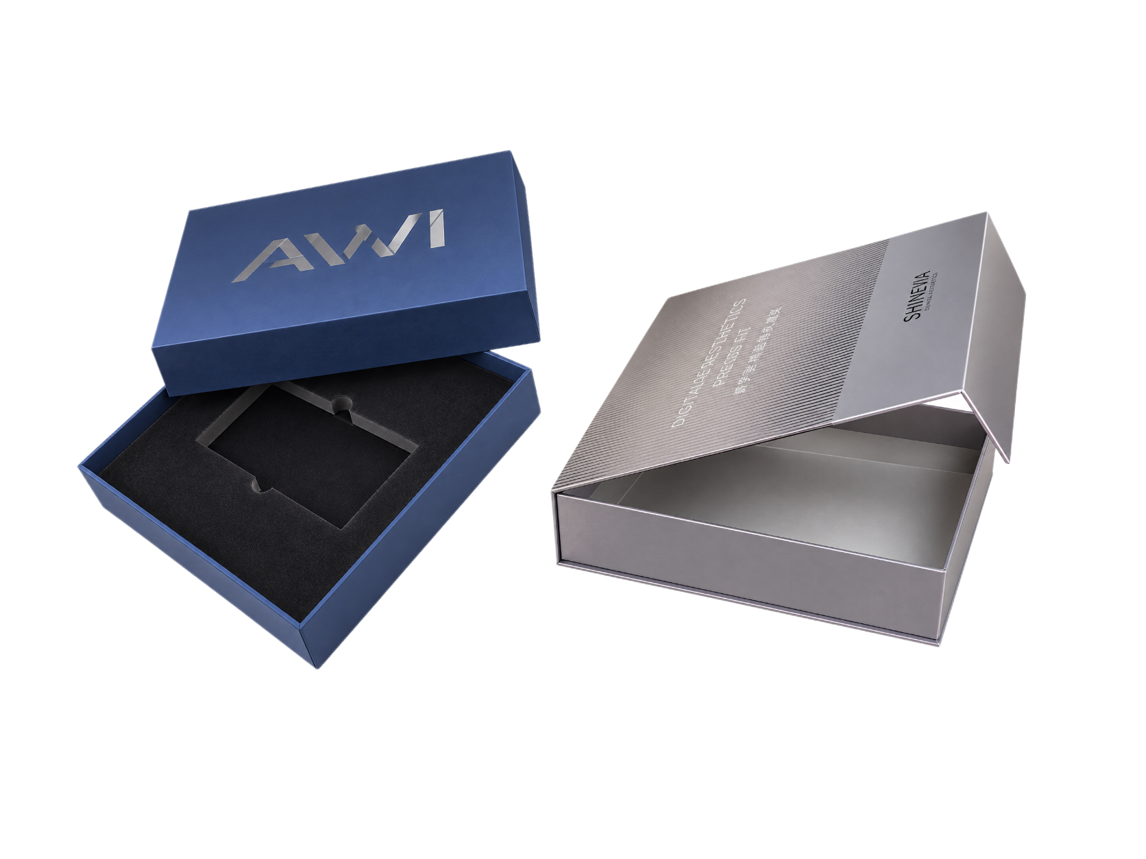 Blue and silver rigid boxes with custom branding
