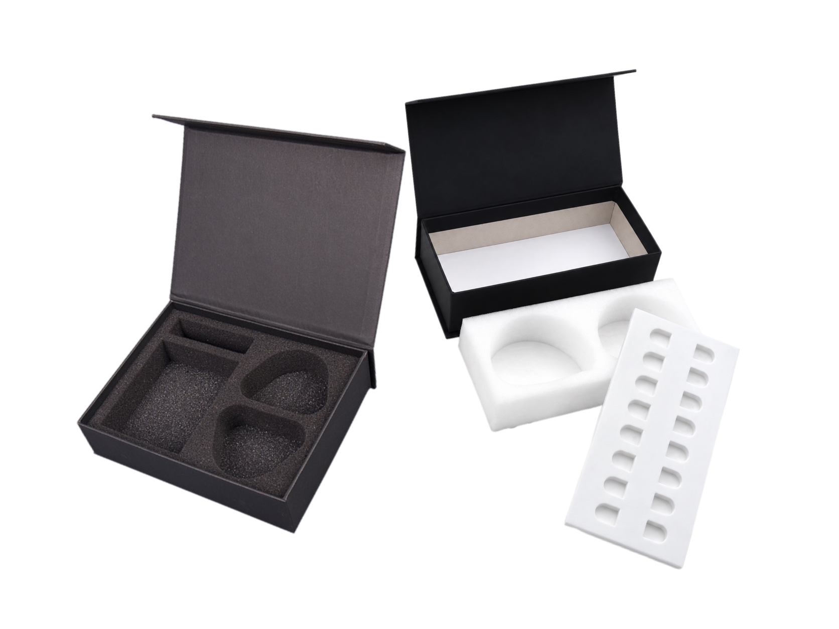 Rigid packaging samples with black and white custom-cut foam inserts