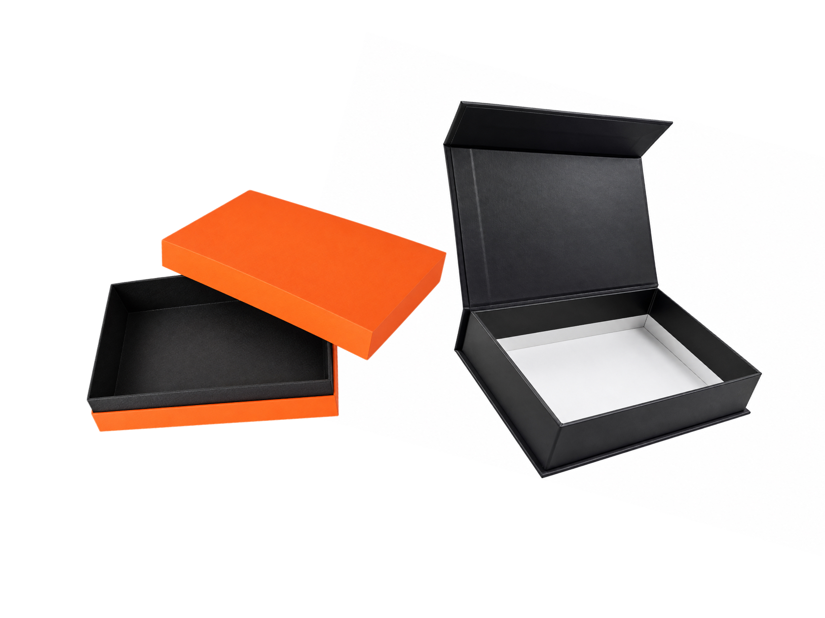Orange two-piece rigid box and black magnetic-lid rigid box