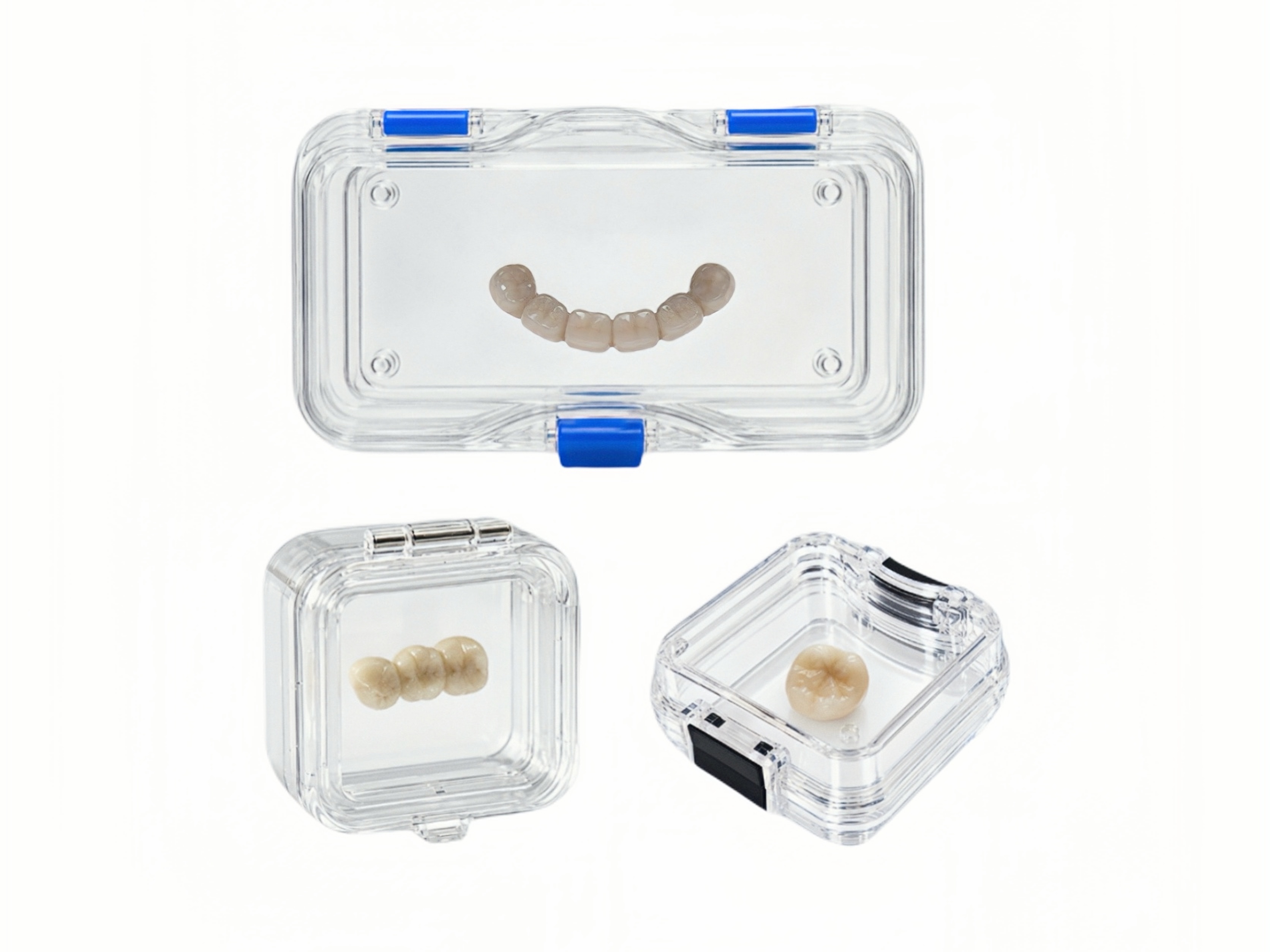 Three clear membrane boxes protecting crowns and bridges