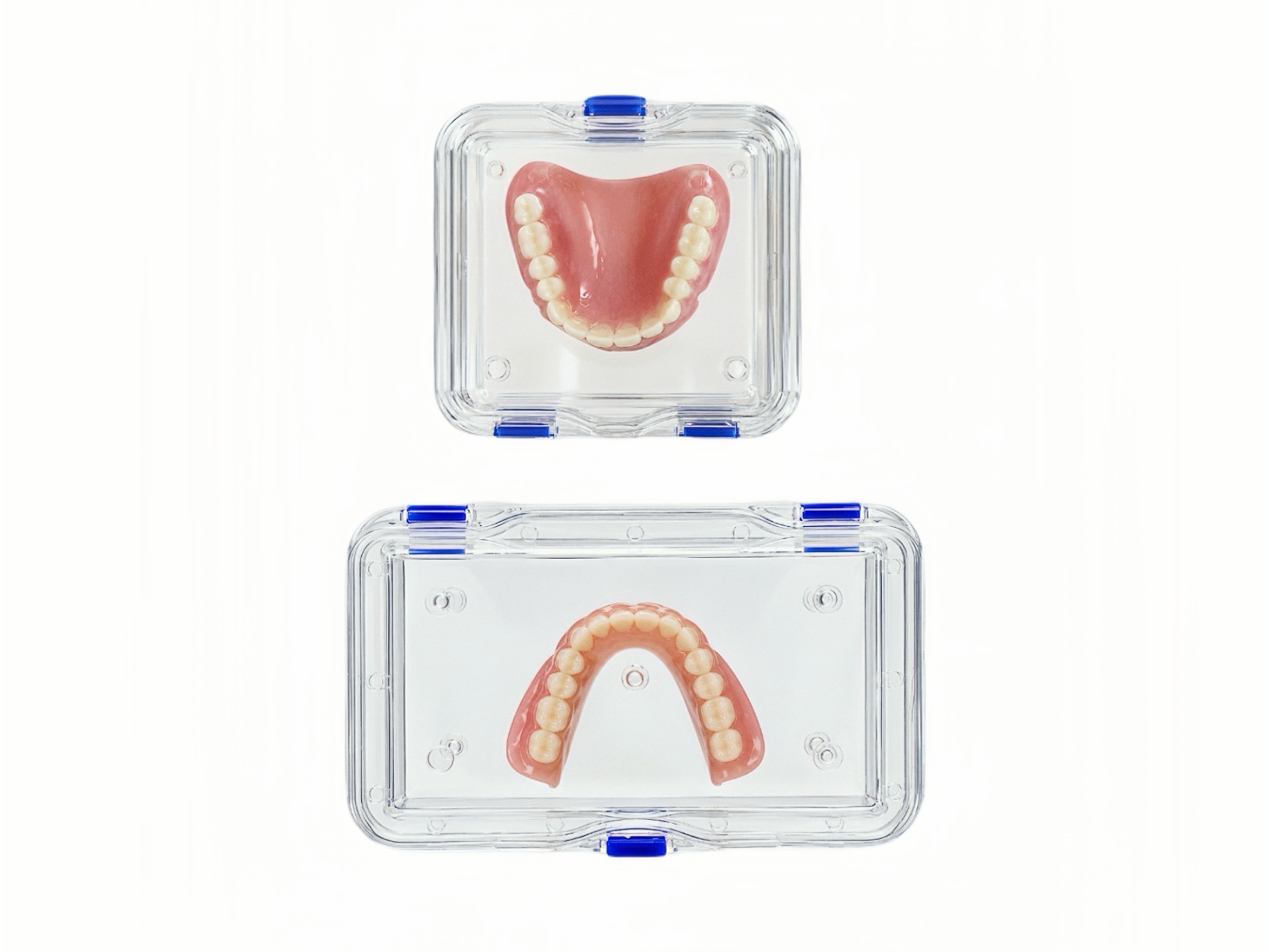 Two clear membrane boxes protecting upper and lower dentures
